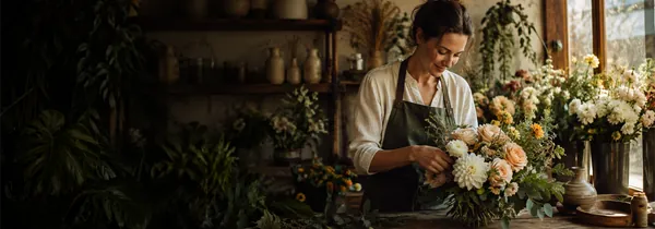 A florist arranging a bouquet on her workbench