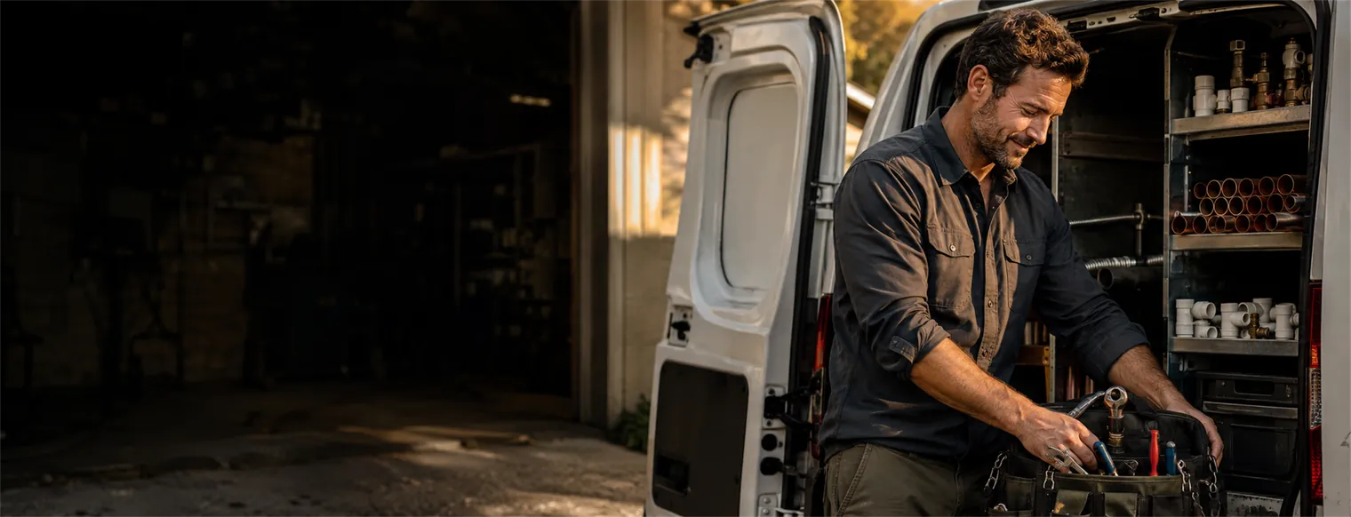 A plumber loading his tool bag at the back of his van