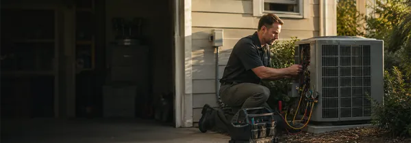 An HVAC technician servicing a condenser unit beside a house
