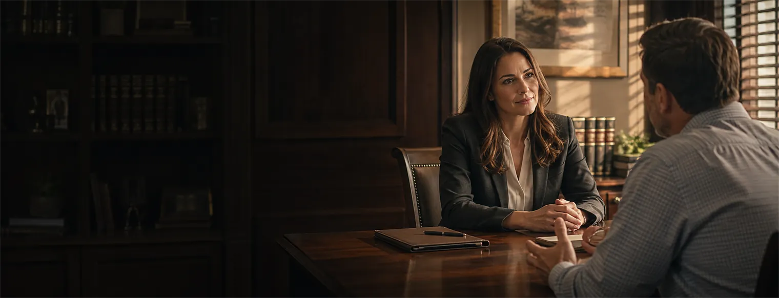 A lawyer talking with a client across an office desk